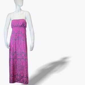 Cynthia Vincent Maxi Dress Strapless Smocked Bodice Pink Navy Silk Cotton Small